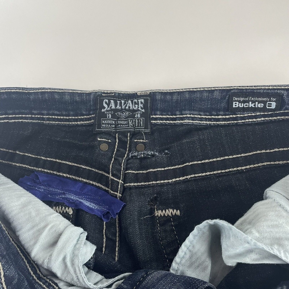 Distressed Salvage Buckle Men's Mayhem Straight Stretch Blue Jeans Size 31R x 28 - Picture 12 of 12